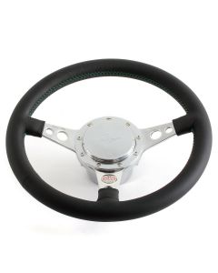 Paddy Hopkirk Classic Mini Black Steering Wheel - With Horn - Green Stitching