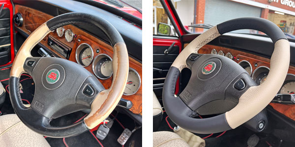 Comparison of a classic Mini steering wheel before and after a professional restoration, highlighting craftsmanship.