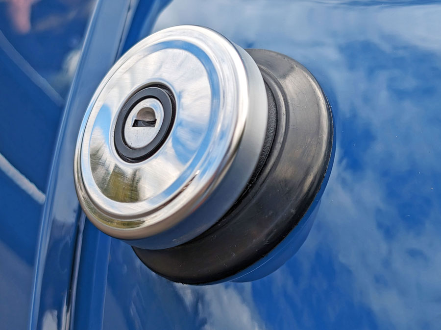 Classic Mini chrome, locking fuel cap on a newly restored Mini Cooper 998cc.