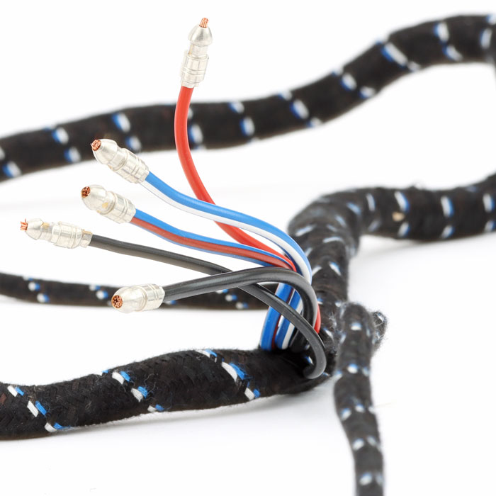 The connections on a Mk1 Mini Braided wiring harness, manufactured by Mini Sport Ltd.