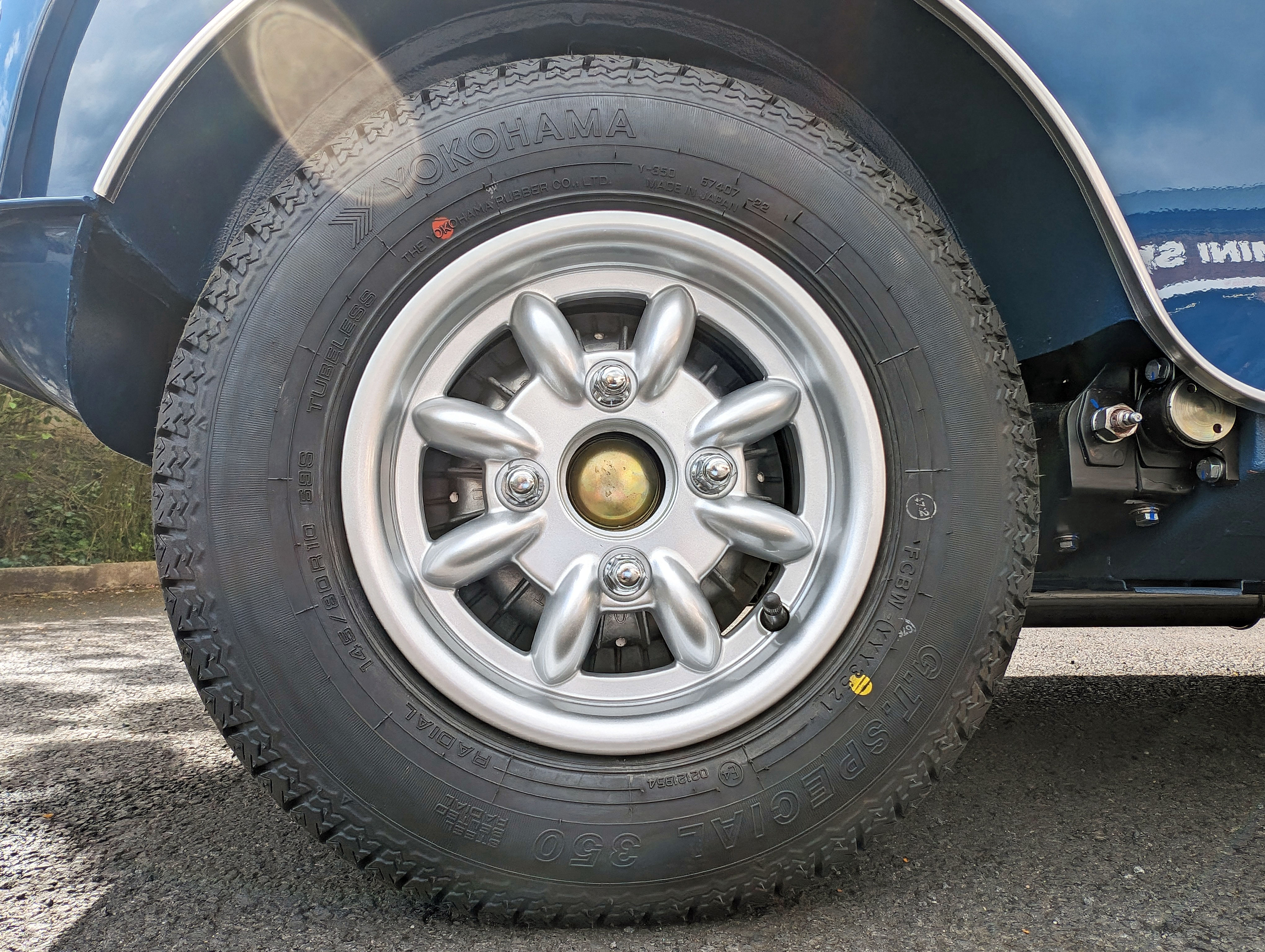 New steek wheels and 10" tyres fitted to a Mk2 Mini Cooper.